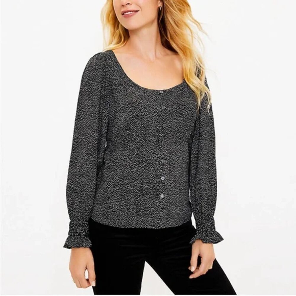 LOFT Boho Peasant Dotted Square Neck Blouse Black White Size M
